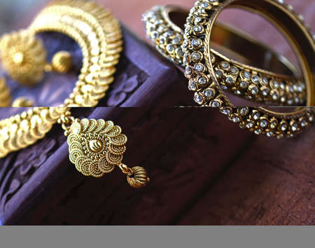 Vintage wooden jewellery box with Indian traditional jewelry, Golden pair of earrings, gold diamond...
