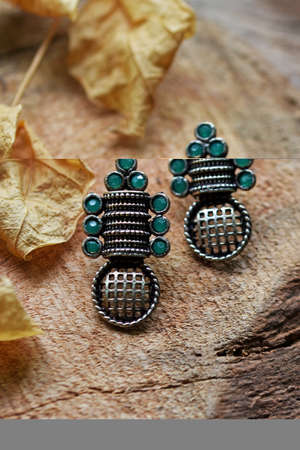 Silver earrings with green stones,beautiful wedding earrings fashion stylish elegant,Oriental Silver earrings jewelry (Indian, Arab, African, Egyptian), oxidised Silver earrings,Asian Accessoriesの写真素材