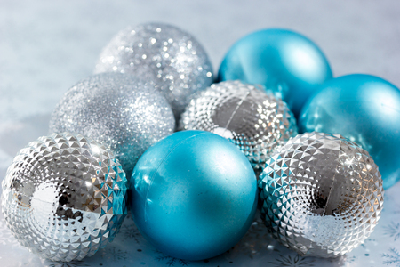 New Year background with blue Christmas balls.の写真素材