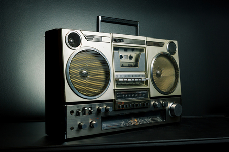 Vintage radio boombox on dark backgroundの写真素材