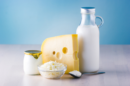 Dairy products such as milk, cheese, egg, yogurt and butter.の写真素材