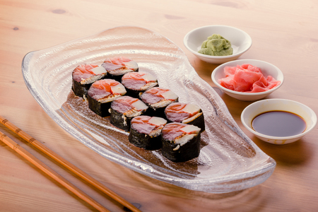 sushi roll with tuna, salmon and eelの写真素材