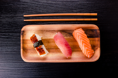 Assorted sushi nigiri on plateの写真素材