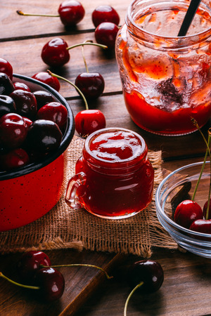 Homemade preparation of cherry jam, sweet foodの写真素材