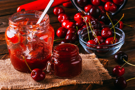Homemade preparation of cherry jam, sweet foodの写真素材