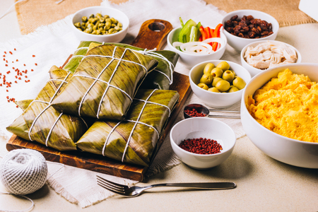 Group of ingredients for the elaboration of Christmas hallacas, typical Venezuelan dishの写真素材