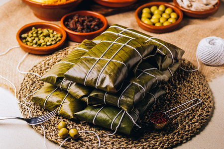Group of ingredients for the elaboration of Christmas hallacas, typical Venezuelan dishの写真素材