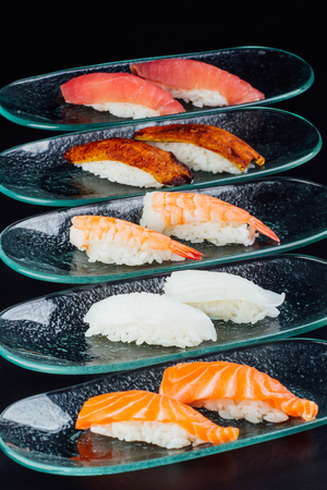 Different types of nigiri, Japanese food fused with Latin Americanの写真素材
