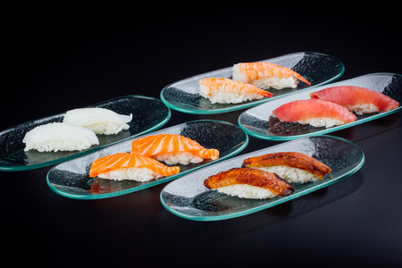 Different types of nigiri, Japanese food fused with Latin Americanの写真素材