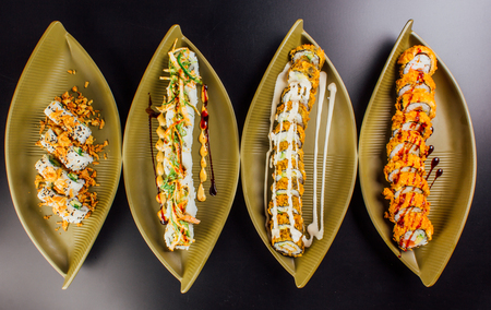 A diverse selection of delicious Japanese sushi rollsの写真素材