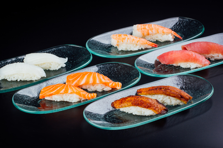 Different types of nigiri, Japanese food fused with Latin Americanの写真素材