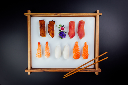 Different types of nigiri, Japanese food fused with Latin Americanの写真素材