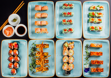 A diverse selection of delicious Japanese sushi rollsの写真素材