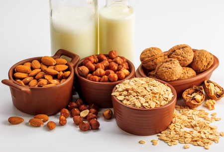 Different types of vegan milk, almond milk, oat milk, hazelnut milk and walnut milk on a white backgroundの写真素材