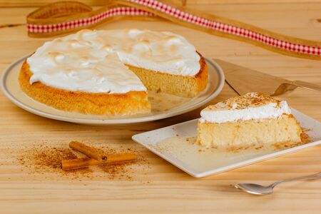 Delicious and juicy Three milk cake with a little cinnamon, typical Latin American dessertの写真素材