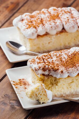Two pieces of a delicious three milk cake dessert on a wooden backgroundの写真素材