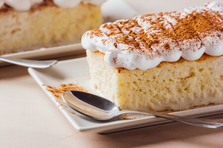 Tres leches cake, typical Latin American dessert, is made of condensed milk, evaporated milk and milk creamの写真素材