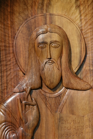 wooden icon of jesus christの写真素材
