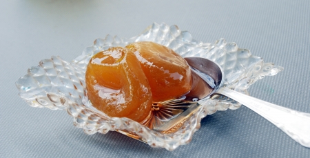 Canned whole plums served for youの写真素材