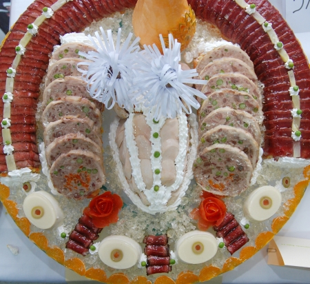 Buffet plate with different kinds of hamの写真素材