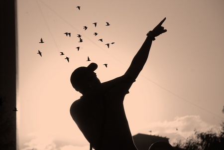 silhouette of man showing sky in sunsetの写真素材