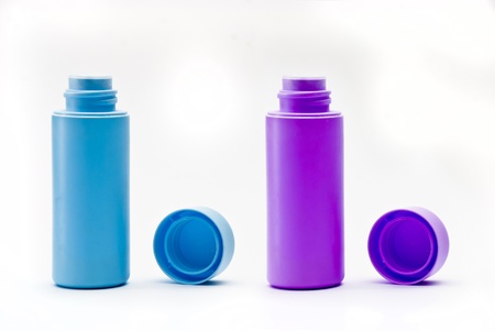 blue and violet baby powder bottlesの写真素材