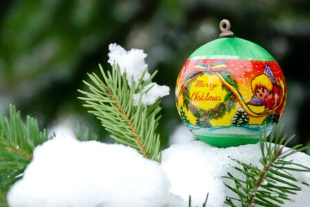 Christmass background, balls on snow and pine treeの写真素材