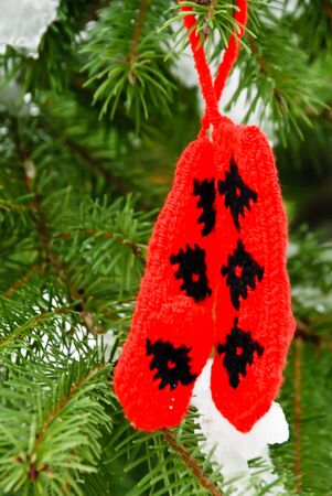 Christmass background,red socks ,woolの写真素材