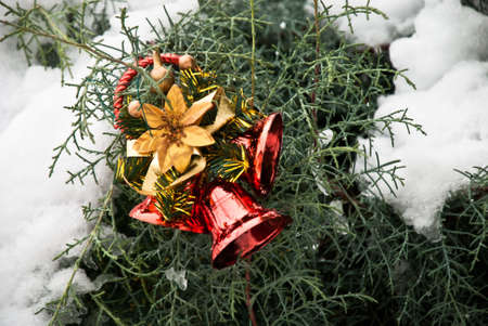 Christmas background,card with snow and bellsの写真素材