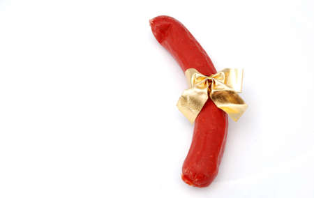 christmas gift , sausage with satin ribbonの写真素材