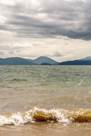 stormy lake prespa in macedonia の写真素材
