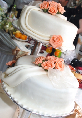 Beautifull white wedding cake with rosesの写真素材