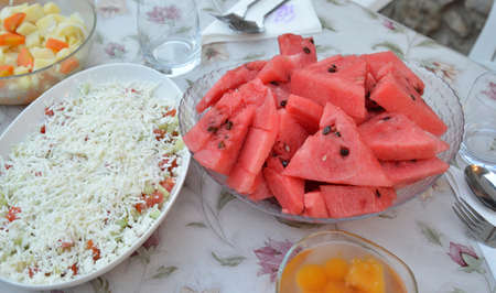 Watermelon bowl on a tableの写真素材