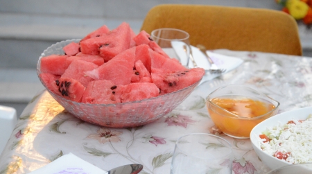 Watermelon in bowlの写真素材