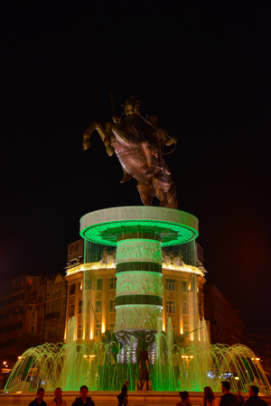 monument warrior on a horse, skopje, macedonia by nightのeditorial素材
