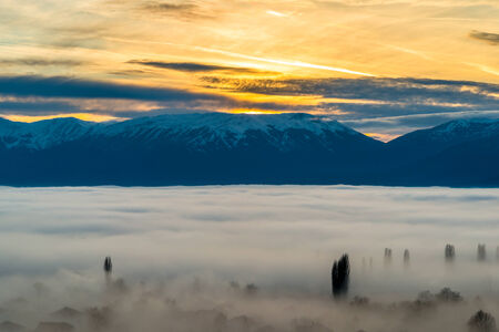 Fog over Prespa valley in Macedoniaの写真素材