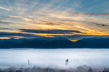 Fog over Prespa valley in Macedoniaの写真素材