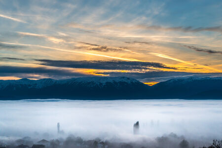 Fog over Prespa valley in Macedoniaの写真素材