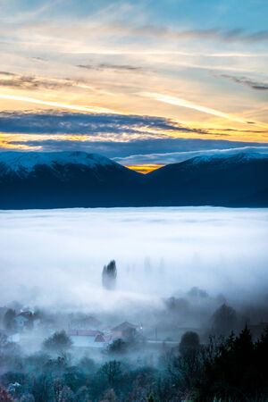 Fog over Prespa valley in Macedoniaの写真素材