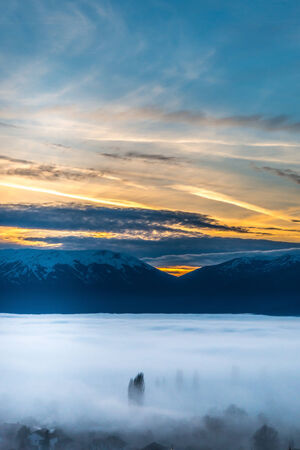 Fog over Prespa valley in Macedoniaの写真素材