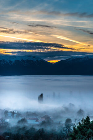 Fog over Prespa valley in Macedoniaの写真素材