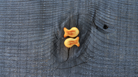 Fish crackers on wooden texture の写真素材