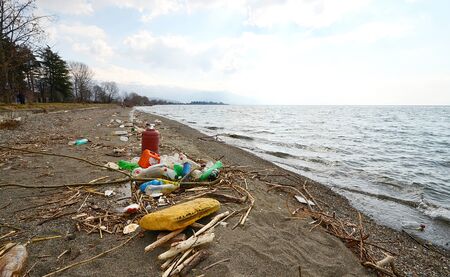 Pollution concept  Plastic pollution on a beach of Lake Ohrid  Macedoniaの写真素材