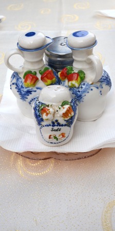 Ceramic Dressing set, vinegar, oil, pepper, saltの写真素材