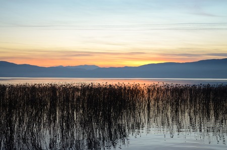 Golden sunset over lake ohrid, macedoniaの写真素材
