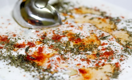 Picture of a Tzatziki or cacik, cucumber and yogurt salad with mint leaves,pepper and cooking oilの写真素材
