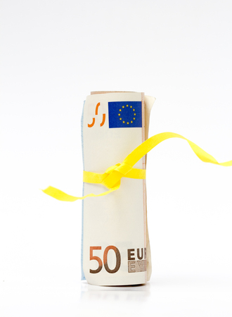 Euro banknotes and euro coinsの写真素材