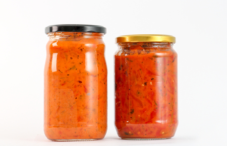 Traditional Macedonian food. Ajvar in jar . homemade productの写真素材
