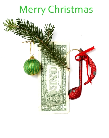 picture of an one dollar with christmas decoration elements. christmas card