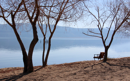 picture of a lake prespa in macedonia in winterの写真素材